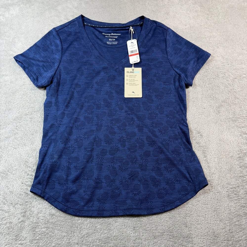 Tommy Bahama IslandZone Palm Coast Pineapple Shirt Women XS Navy Blue V-Neck NWT
